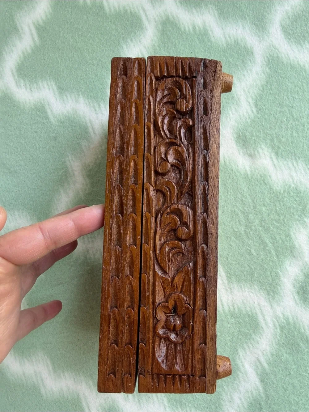 Hand-Carved Vintage Wooden Jewelry Box with Floral and Scrollwork - Brown